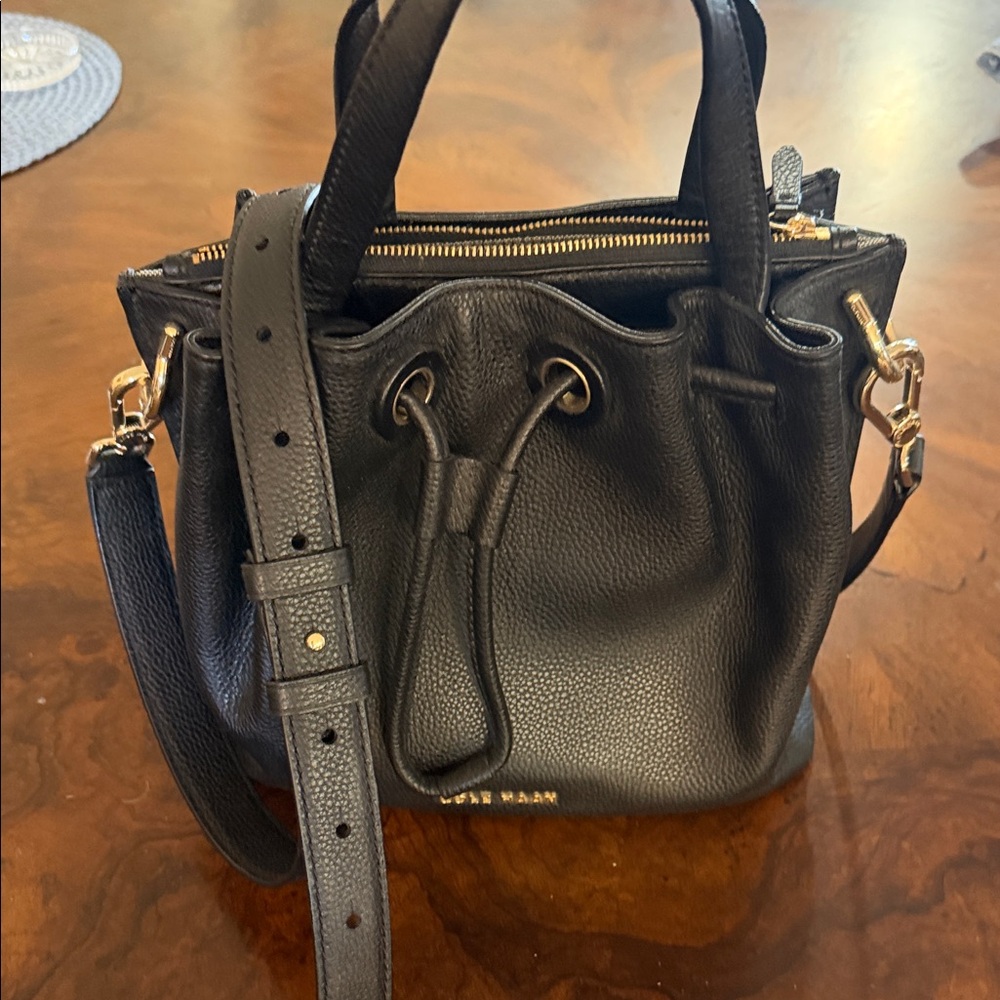 Cole Haan Black Leather Drawstring Bucket Bag